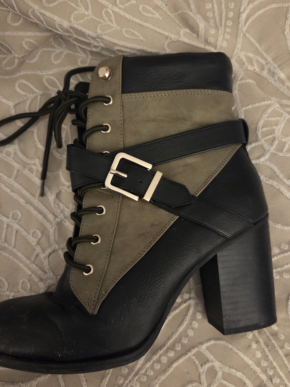 Apt. 9 Black and Olive Lace-Up Block Heel Ankle Boot with Buckle